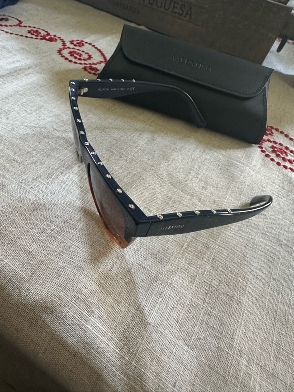 NEW Valentino Black Frame Sunglasses with Brown Gradient Lenses and Stud Accents